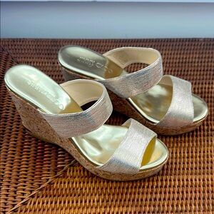 Jimmy Choo Cork Platform Wedges with Gold Embossed Straps. Size 9-1/2